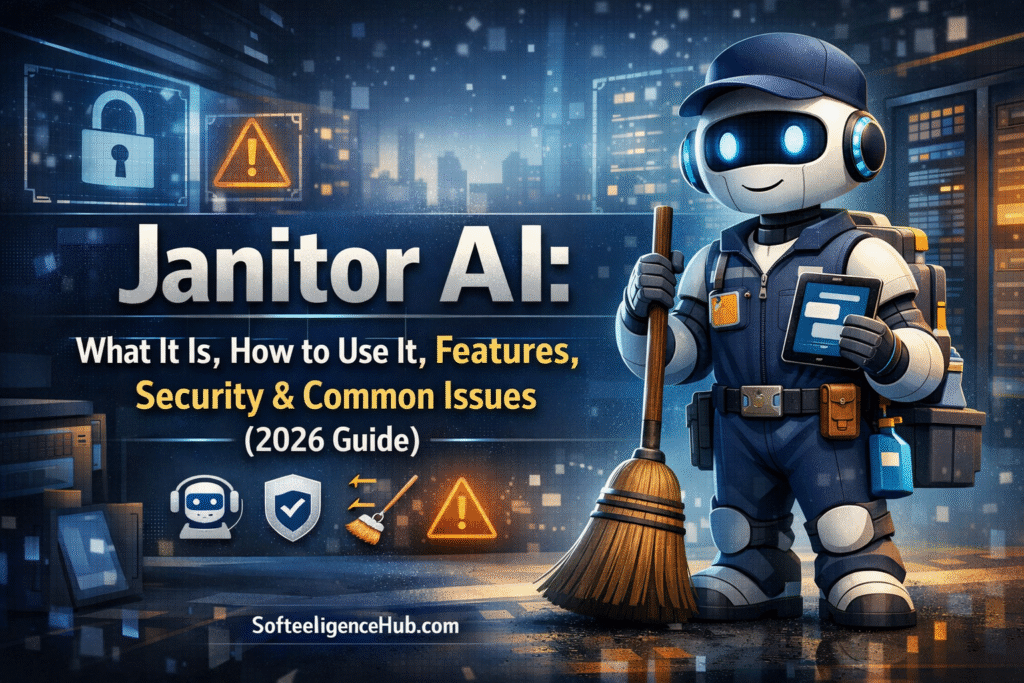 Janitor AI featured image showing an AI-powered digital assistant with security, features, and usage concepts – 2026 guide by SofteeligenceHub