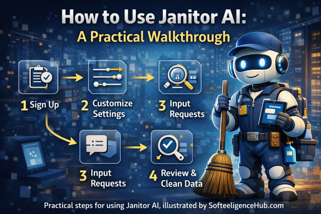 Illustration of Janitor AI robot demonstrating a practical walkthrough, showing sign-up, customization, input requests, and data review steps – by SofteeligenceHub.com