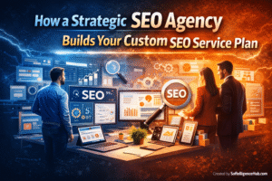 Strategic SEO agency team creating a custom SEO service plan using data and analytics