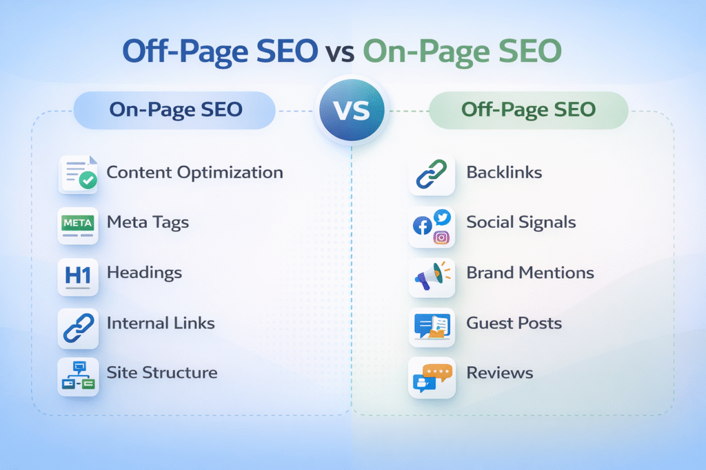 Comparison table: Off-Page SEO vs. On-Page SEO key differences and examples