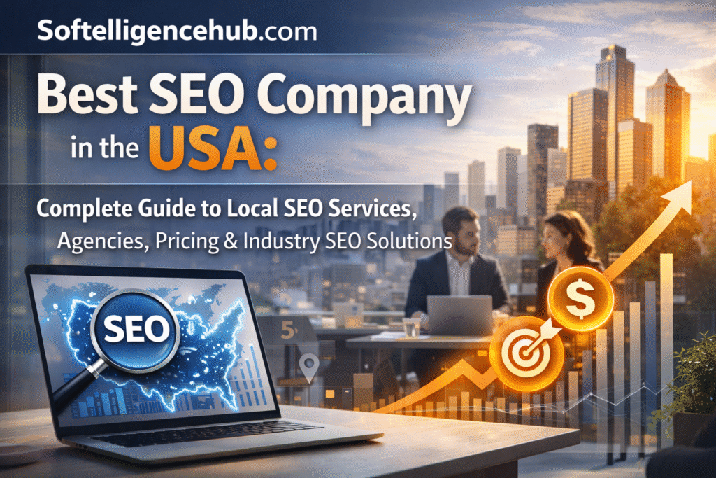 SEO Services in USA Featured article banner for Softelligencehub.com titled 'Best SEO Company in the USA: Complete Guide to Local SEO Services, Agencies, Pricing & Industry SEO Solutions' with a modern office scene, professionals collaborating, a laptop showing SEO charts, and city skyline in the background.