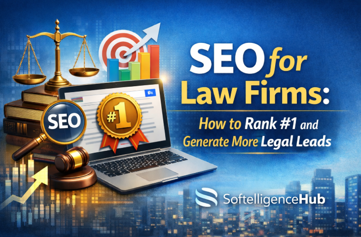 SEO for Law Firms banner showing legal symbols like a gavel and scales of justice alongside SEO growth visuals, a laptop with a #1 ranking badge, and analytics icons, highlighting how law firms can rank #1 on Google and generate more legal leads, with SoftelligenceHub branding.