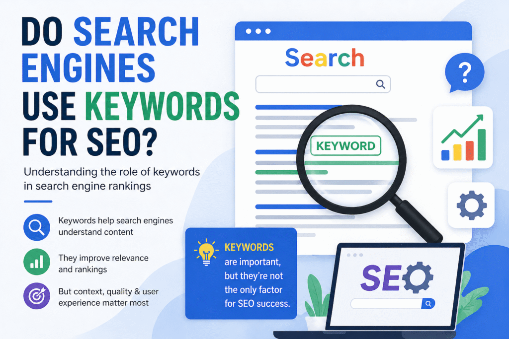 Do search engines use keywords for SEO infographic showing keyword importance and ranking factors