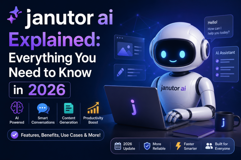 Janitor AI explained concept image with futuristic robot assistant and AI features in 2026