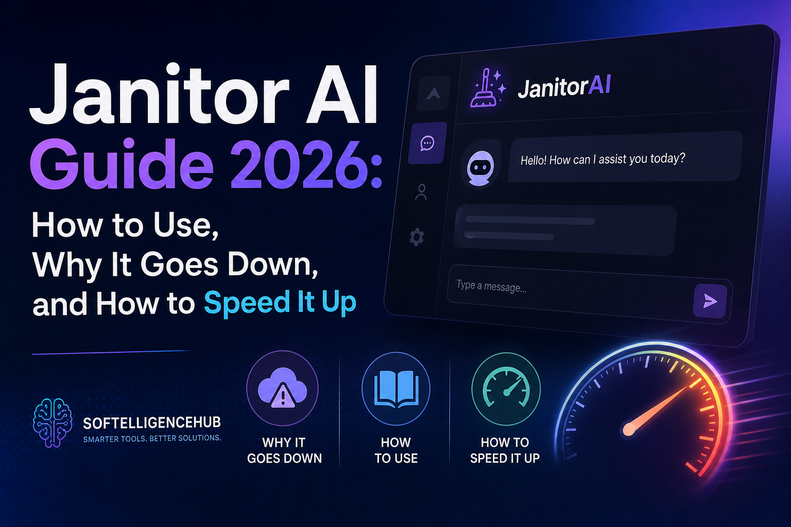 Janitor AI Guide 2026 banner showing chatbot interface, downtime issues, and speed optimization concepts